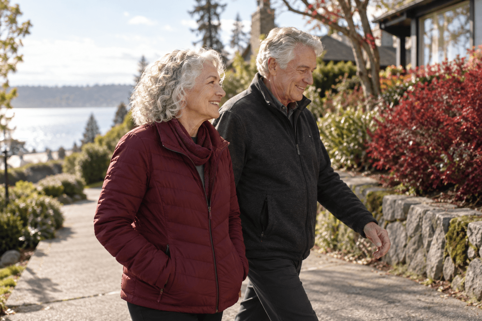 Two older adults walking on a sunny neighborhood path in casual clothing