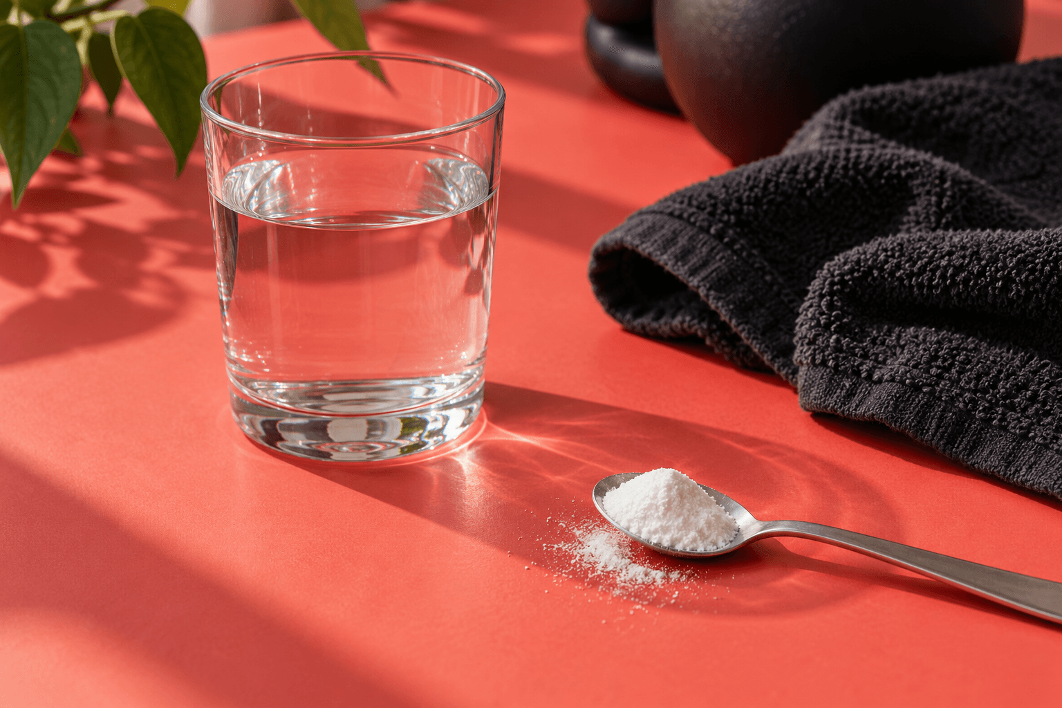 Plain spoon with white powder beside water and an exercise towel