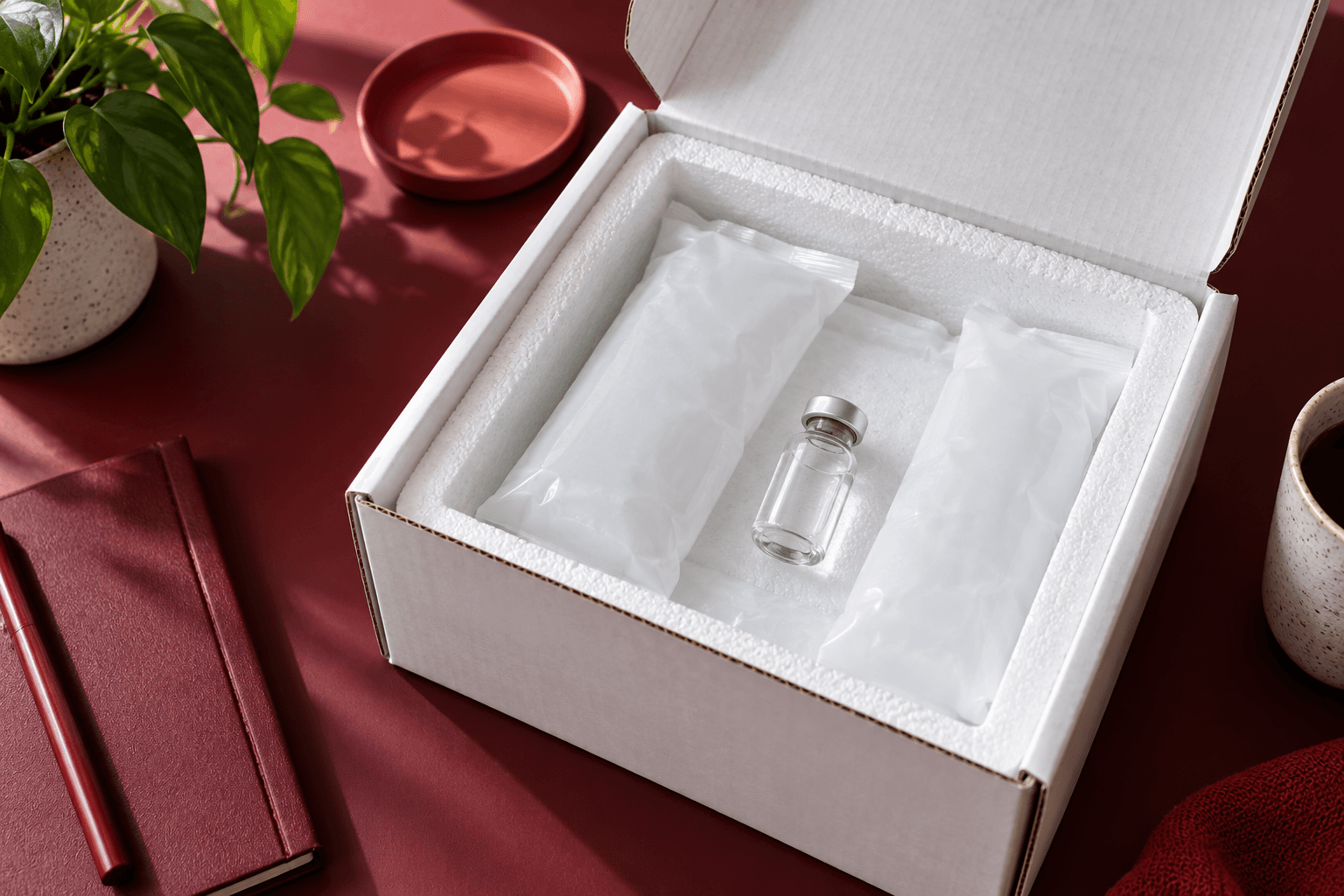 Unbranded insulated shipping box with ice packs and a completely unlabeled vial
