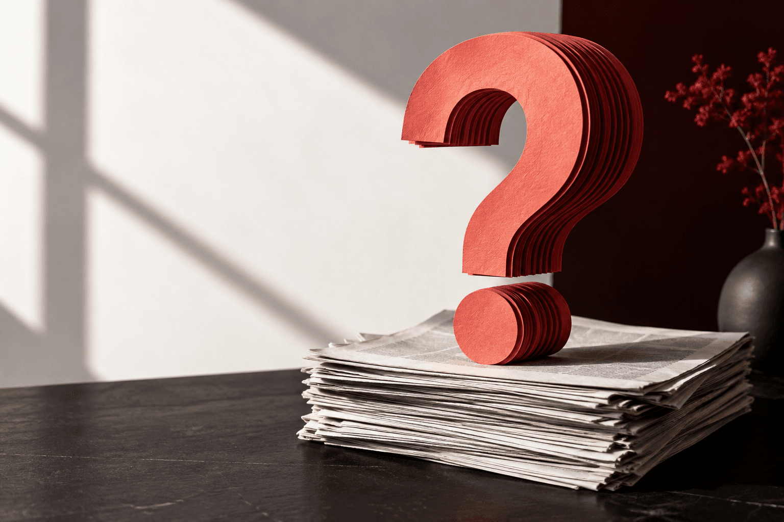 Coral paper question-mark sculpture above blank newspaper sheets