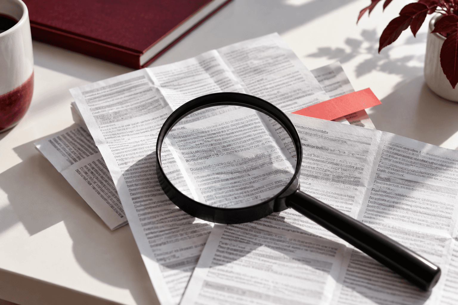 Magnifying glass over plain medication leaflets with a coral paper tab
