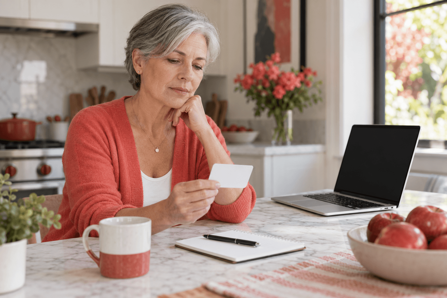 Woman holding a plain card beside a blank-screen laptop at a kitchen table