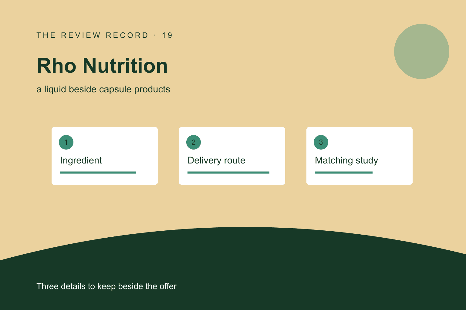 Original editorial diagram for Rho Nutrition, showing a liquid beside capsule products through three labeled comparison checkpoints.