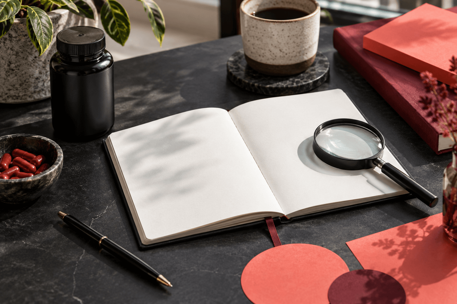 Unbranded dark supplement bottle beside a blank notebook and magnifying glass
